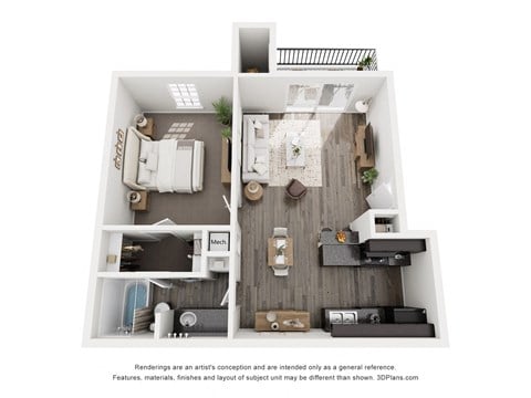 Floor plan for 1 bed, 1 bath, 641 sqft